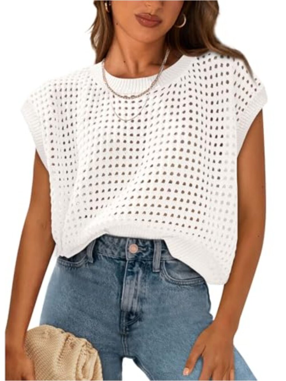 Crochet Cap Sleeve Sweater Top Women Summer Boho Crewneck Lightweight